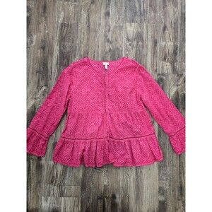 Logo Lavish Pink Textured Blouse Size M Long Sleeve Ruffle Hem Eyelet Vibes